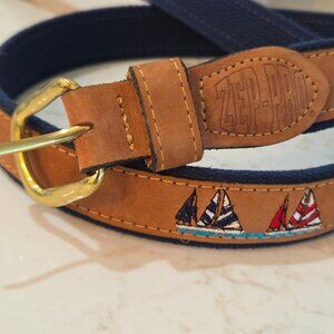 Zep-Pro Brass Buckle Leather Belt Sz 42 Embroidered Nautical Sailboat USA Made